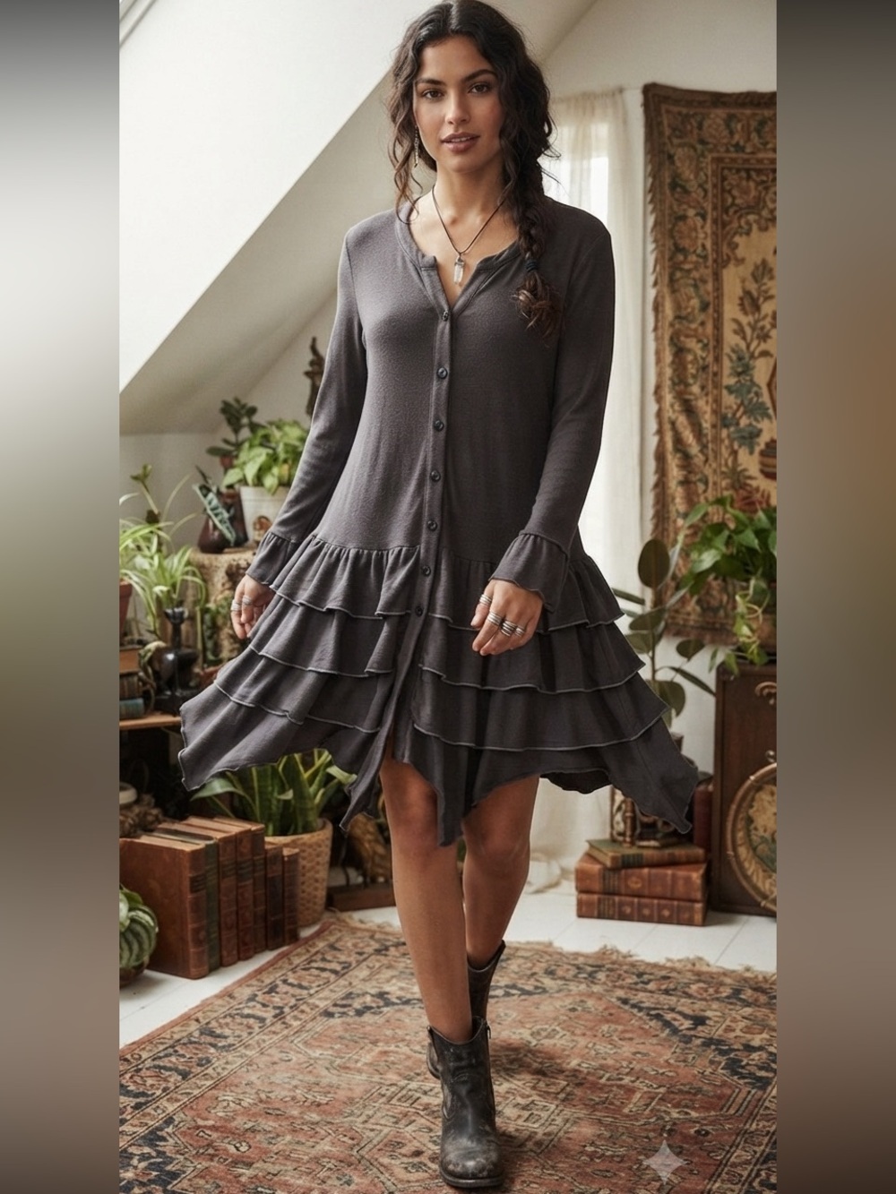 NWT Reborn Petty Coat Dress Sz XL Charcoal Tiered Ruffle Boho Goth Lagenlook